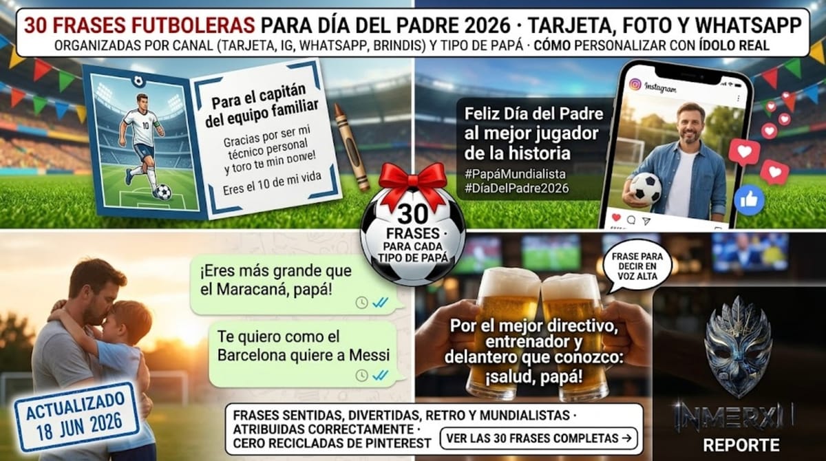 30 frases futboleras para Día del Padre 2026 · tarjeta, foto y WhatsApp